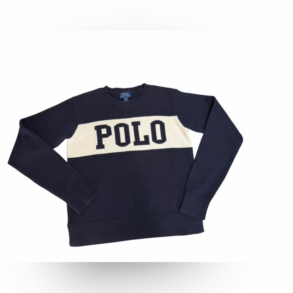 Polo by Ralph Lauren Navy & Cream Logo Cotton Knit Crew Sweater Heritage - Picture 2 of 10